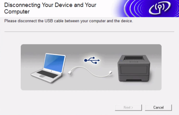 Brother printer software prompting the user to disconnect the printer from the computer.