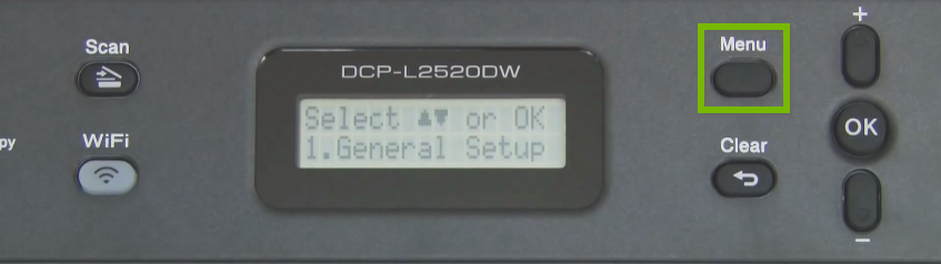 Brother printer control panel highlighting the menu button.