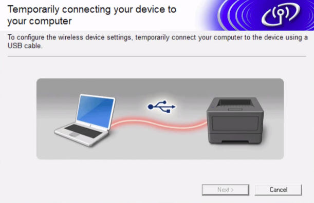 Brother printer software screen displaying instructions to connect your printer to your computer.
