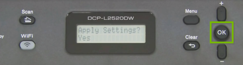 Brother printer control panel highlighting the OK button.