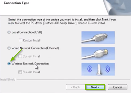 Brother printer software screen highlighting the wireless network connection radio button and the next button.