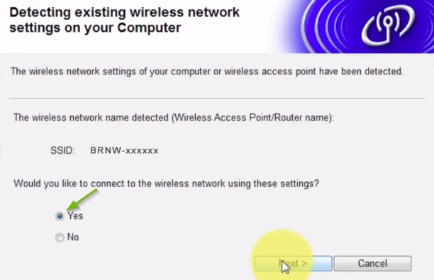 Brother printer software screen highlighting the yes radio button, and the next button.