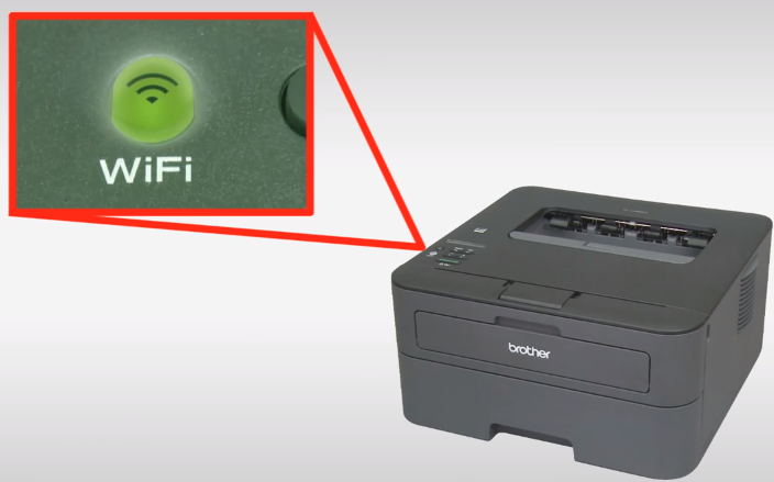 Highlighting the printer's Wi-Fi light being lit once the wireless connection has been established. Illustration.