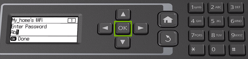 Printer control panel highlighting the OK button.