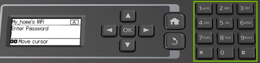 Printer control panel highlighting the numberpad to be used for entering your Wi-Fi password.