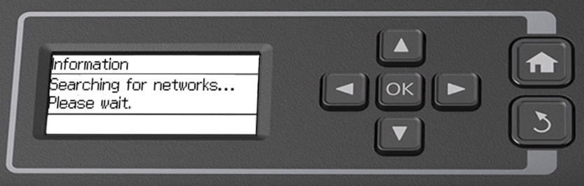 Printer control panel screen displaying searching for networks.
