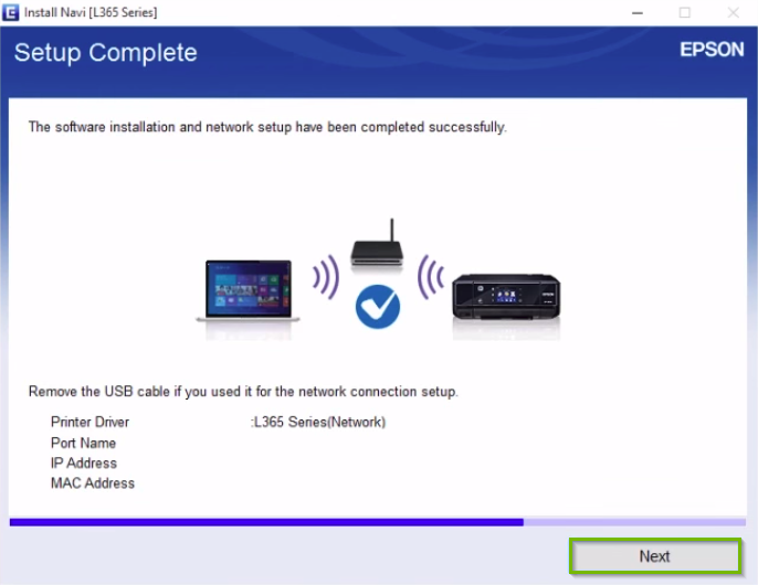 Epson printer installation screen with the next button highlighted.