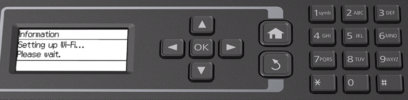Printer control panel display attempting to connect to the wireless network.