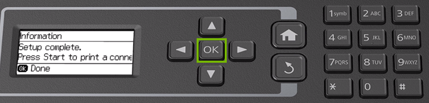 Printer control panel highlighting the OK button.