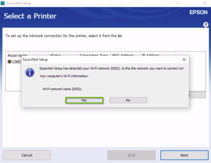 Epson printer installation popup asking to confirm the Wi-Fi network name with the yes button highlighted.
