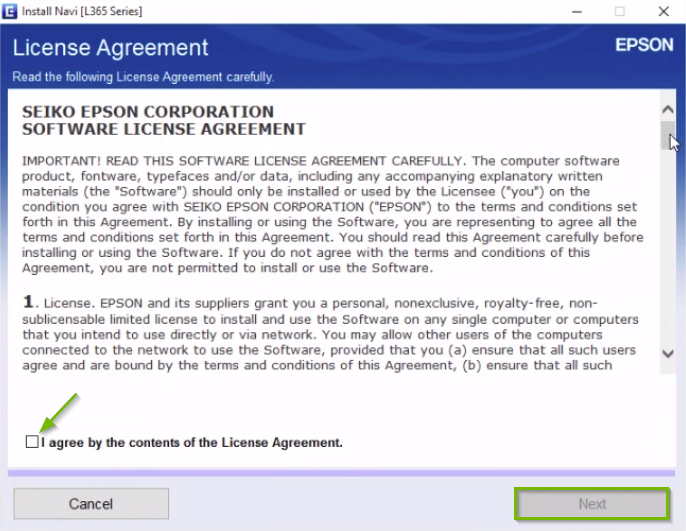 Epson printer installation license agreement screen highlighting the I agree check box and next button.