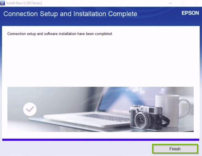Epson printer installation screen highlighting the finish button.