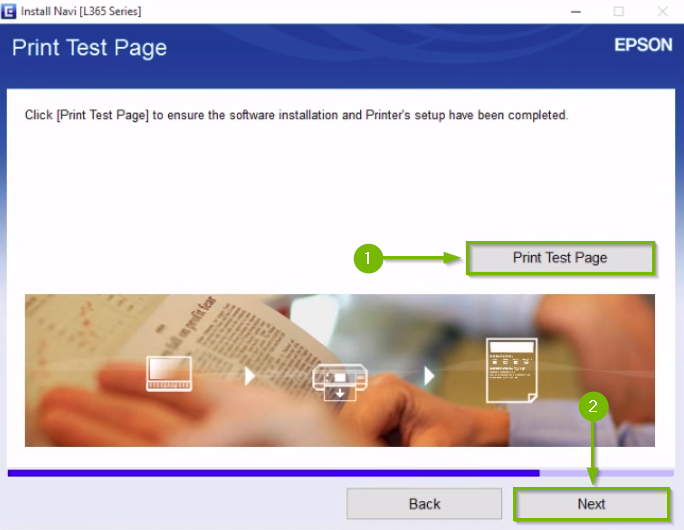 Epson printer installation screen highlighting the print test page and next buttons.