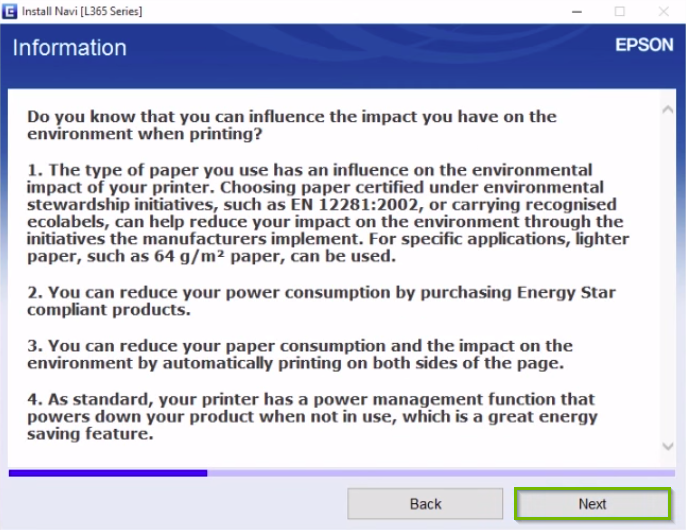Epson printer installation screen highlighting the next button.