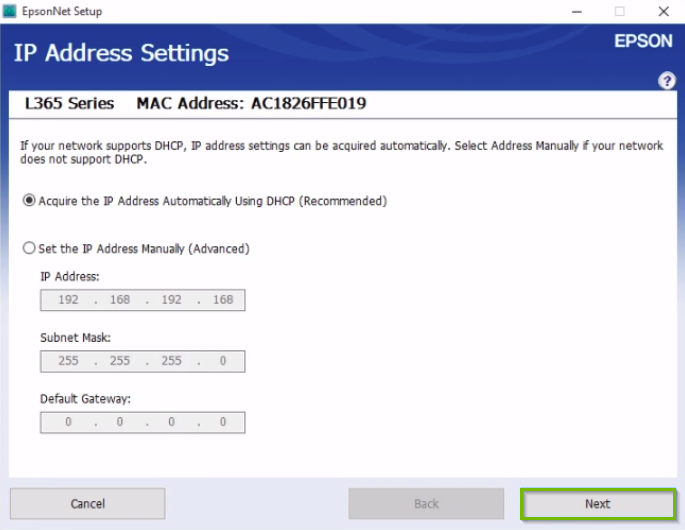 Epson printer installation screen with the next button highlighted.