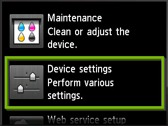 Setup menu with Device settings. Screenshot.