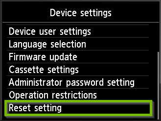 Device settings screen with Reset settings selected. Screenshot.