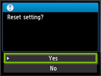 Reset confirmation screen with Yes selected. Screenshot.