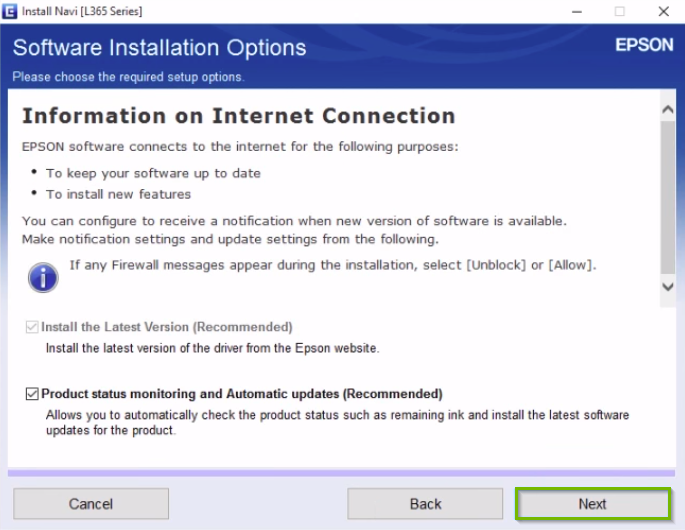 Epson printer installation options screen highlighting the next button.