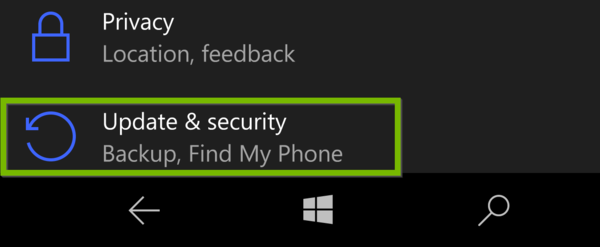 Settings with Update and Security highlighted.