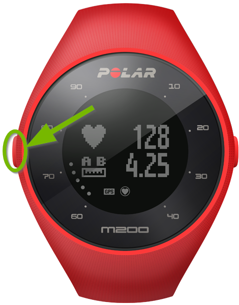 Polar M200 watch highlighting the left button.