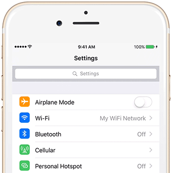 Settings screen on phone