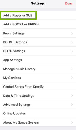 Settings screen in mobile app