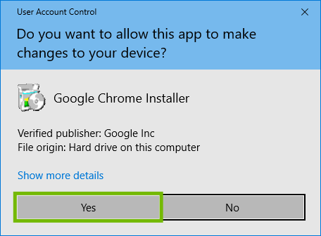 User Account Control with Yes highlighted.