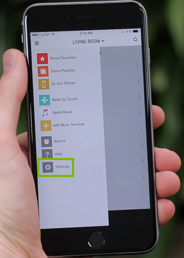 Settings option highlighted in mobile app menu