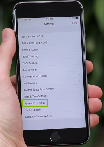 Advanced Settings highlighted in mobile app Settings screen