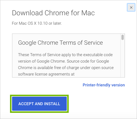 Chrome Terms of Service with Accept and Install highlighted.