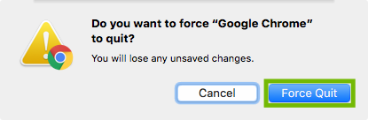 Force Quit conformation dialog with Force Quit highlighted.