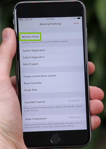 Wireless Setup highlighted on mobile app Advanced Settings screen