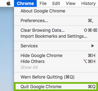 Chrome menu with Quit Google Chrome highlighted.