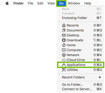 Finder Go menu with Applications highlighted.