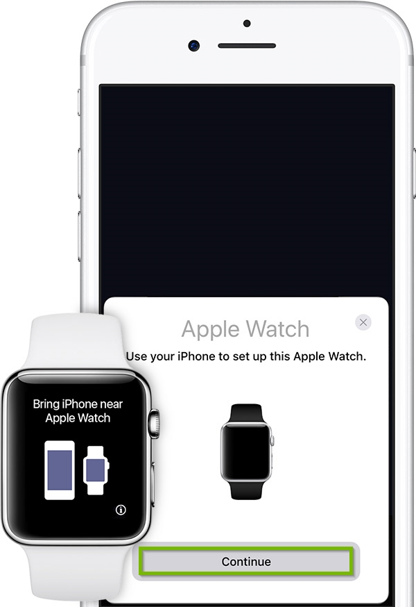 iPhone and Apple watch attempting to automatically pair. Continue button highlighted. Illustration.