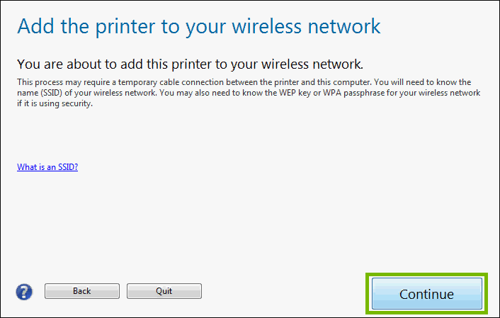 Add printer to wireless network with next highlighted