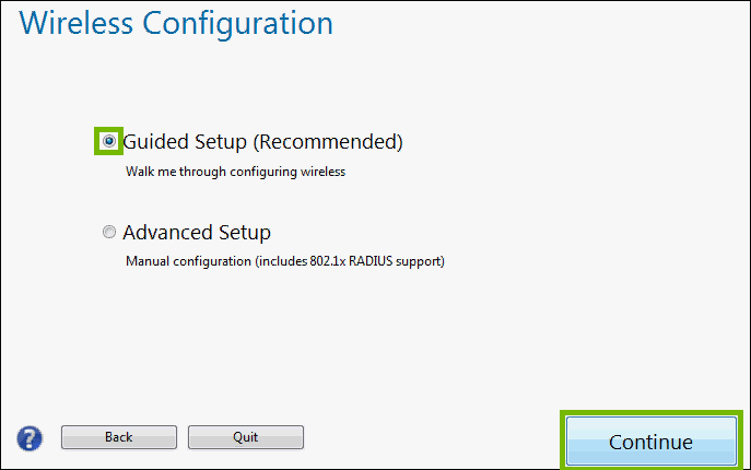 Guided setup is highlighted and continue is highlighted