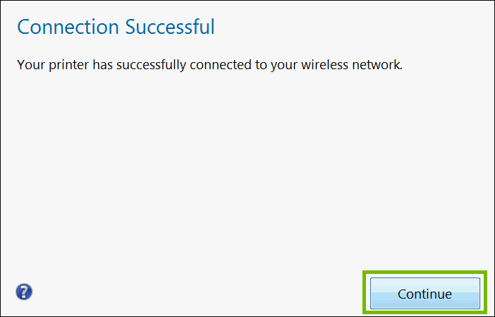 connection sucessful with continue highlighted