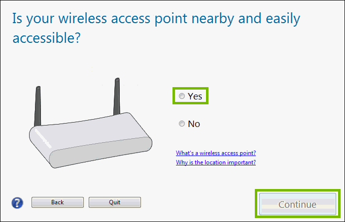 wireless router with yes highlighted and continue highlighted