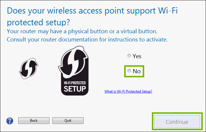 Wireless protected setup with No highlighted and continue highlighted