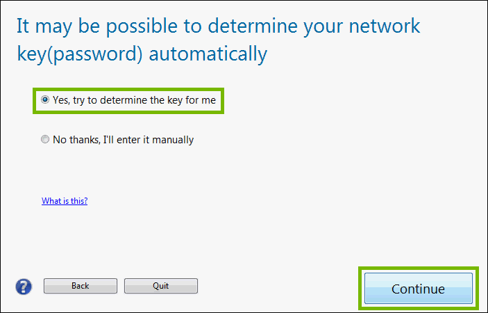 it may be possible to determine your network key automatically with yes highlighted and continue highlighted
