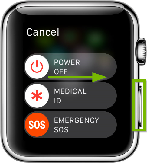 Side button highlighted on Apple Watch and Power Off sliding direction pointed out.
