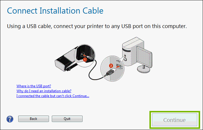 connect installation cable with continue highlighted