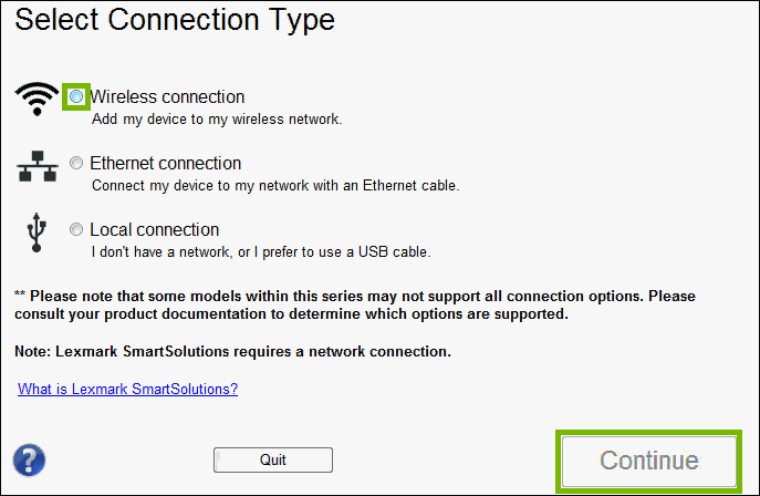 Select connection type with wireless connection highlighted and continue is highlighted