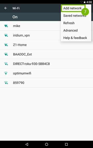 Wi-Fi settings page with Menu open and Add Network is highlighted.