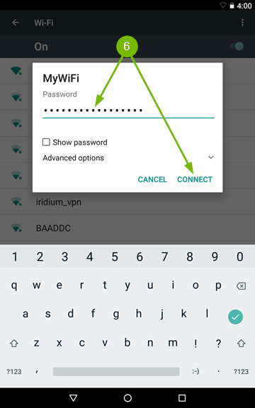 Wi-Fi settings page with arrow pointing to field to type in your security key and another arrow pointing to Connect.