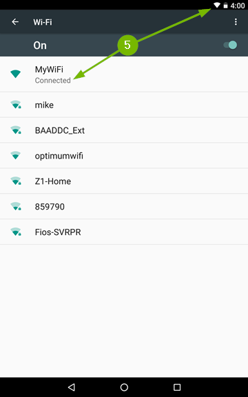 Wi-Fi settings page with arrows pointing to connected Wi-Fi network and Wi-Fi symbol in the status bar.