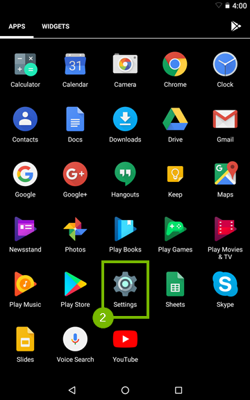 Apps page with Settings icon highlighted.