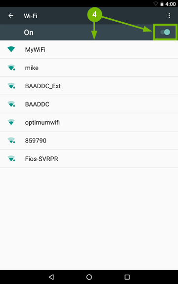 Wi-Fi settings with toggle highlighted with arrow pointing to toggle and list of available networks.